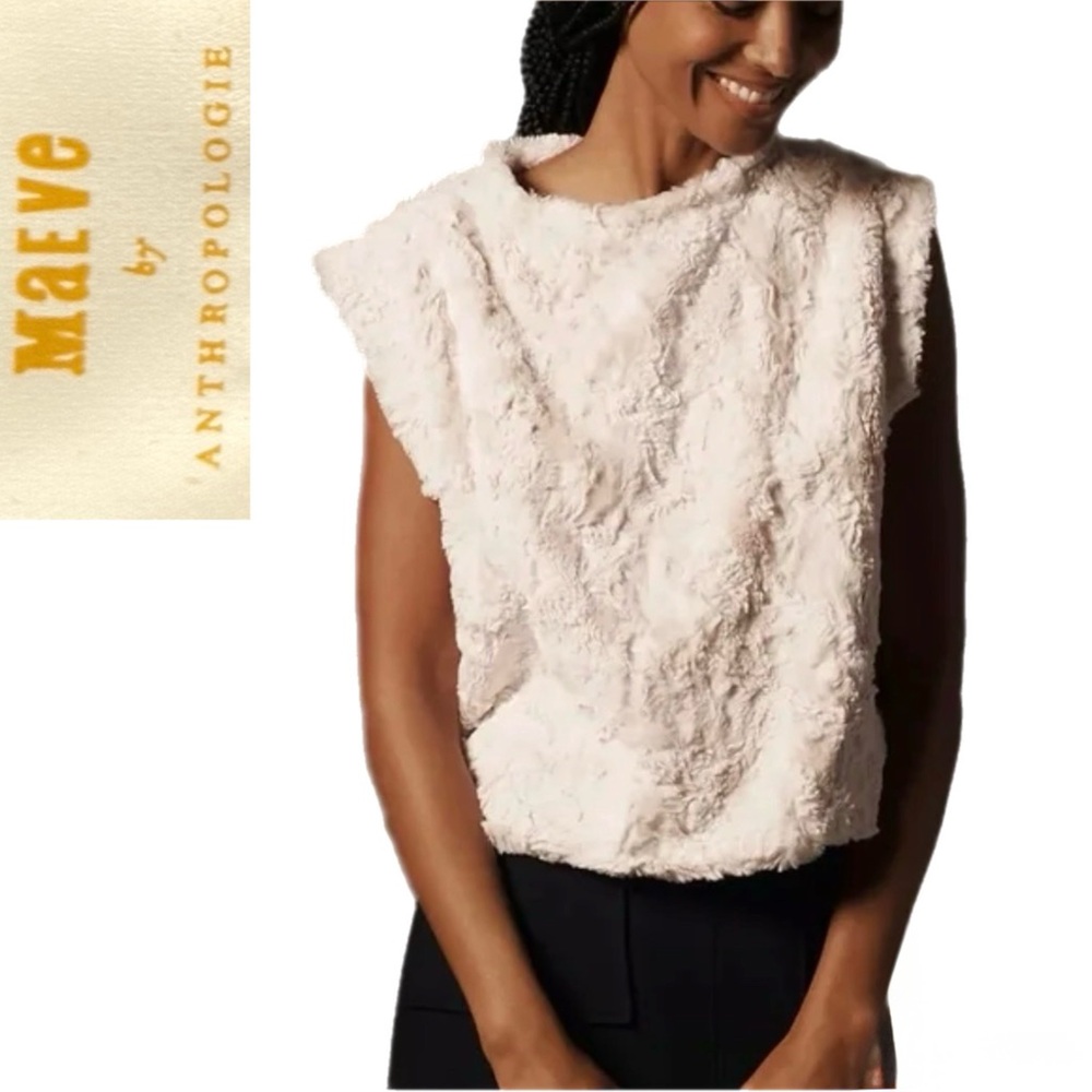 Anthropologie Maeve Fabulous Faux Fur Muscle Tank Top Cream Cottagecore Large - Picture 1 of 7